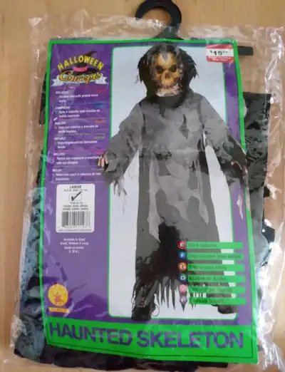 Haunted skeleton child costume includes hooded robe with printed mesh mask Size large 12 to 14 for a...