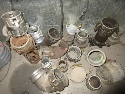 (19) cam locks of different styles as shown $250 takes all. (15) misc PTO's and pumps $1400 tales al...