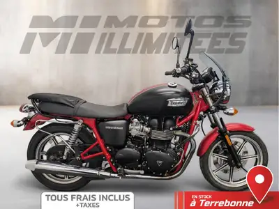 TRIUMPH BONNEVILLE 2013 Noir et Rouge 38508 km km au compteur. Motos Illimitées Terrebonne. Prix de...