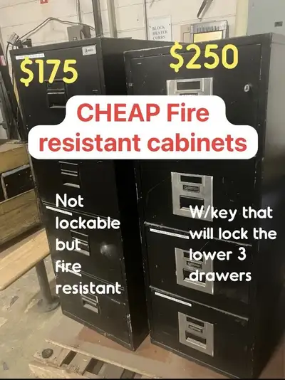 I have 2 fire resistant legal-size file cabinets for sale. The $175 cabinet is missing its plunger l...