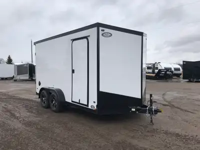 IRON LITE SERIES 7' X 14' TANDEM AXLE CARGO TRAILER WITH REAR RAMP DOOR, 12in. EXTRA HEIGHT AND BLAC...