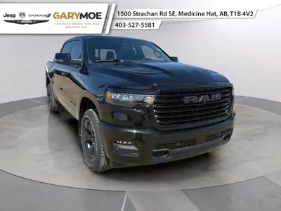 The 2026 Ram 1500 Sport is a striking truck in a bold black finish with a powerful 4x4 drivetrain, p...