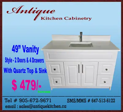 $479=49” Bathroom Vanity with Drawers,Quartz Top & Sink for SALE, View more
