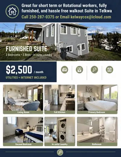 Modern, furnished walkout suite in Telkwa BC. Convenient setup with good parking and amenities. No p...