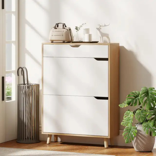 Narrow Shoe Cabinet for Entryway with 2 Flip Drawers, Top Drawer in Home Décor & Accents in City of Toronto - Image 8