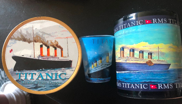 TITANIC MUG & SHOT GLASS & EMPTY CANDY TIN in Arts & Collectibles in Timmins