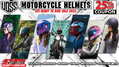 CALGARY 25% OFF ALL VOSS MOTORCYCLE HELMETS CALGARY'S #1 BIKER SHOP STAMPEDE BOOT & CLOTHING CO. Sim...