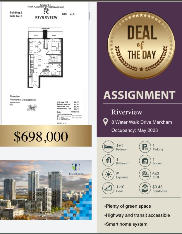 Assignment Sale Riverview Condo In Markham 1B + Den Condos for Sale Markham / York Region