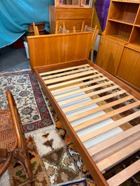 Mid century modern teak single twin bed frame slats and drawer