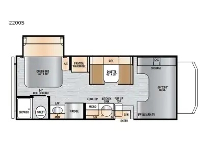 EAST TO WEST Entrada Class C gas motorhome 2200S highlights: 60in.in. x 80in.in. Bunk Over Cab Queen...