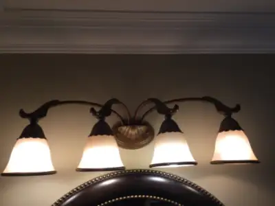 Antique bronze 4 light anti rust bathroom wall mount vanity light fixture with glass shades L 29 1/2...
