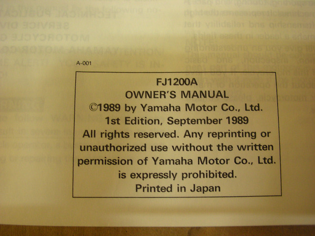NOS 1990 Yamaha FJ 1200 Owners Manual in Other in Stratford - Image 4