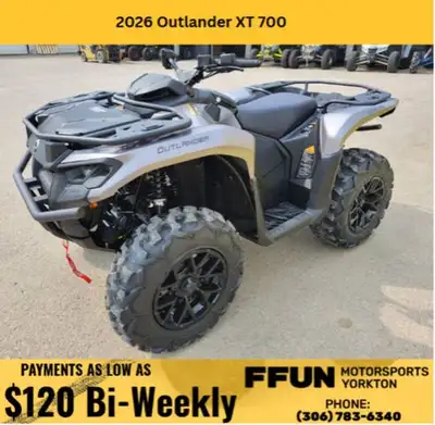 PRICE DOES NOT INCLUDE PDI/ FFUN ADVANTAGE/ TAXES 2026 Can-Am Outlander XT 700EXPAND YOUR OFF-ROAD C...