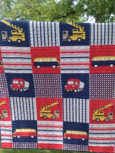 83 x 86 boys quilt full of construction trucks and equipment, View more