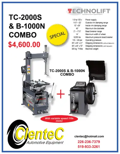 TIRE CHANGER / WHEEL BALANCER COMBO $4,600.00 + HST TECHNOLIFT TC2000S TIRE CHANGER Professional rel...