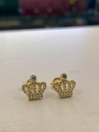 Brand New! 10K Gold & CZ Accents Crown Stud Earrings