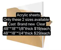 Acrylic Plexiglass Sheets displays for clearance sale. NEW, CAST