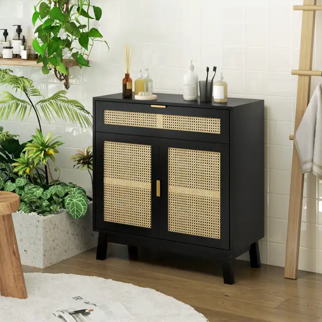 Boho Sideboard Storage Cabinet with Rattan Doors, Black in Home Décor & Accents in Calgary - Image 8