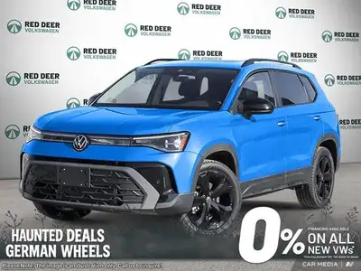 Introducing the 2025 Volkswagen Taos Comfortline Black Edition, a striking blue AWD SUV with an impe...