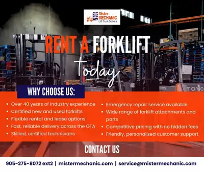 Need a Forklift? Rent from Mister Mechanic! At Mister Mechanic, weve got a huge selection of forklif...