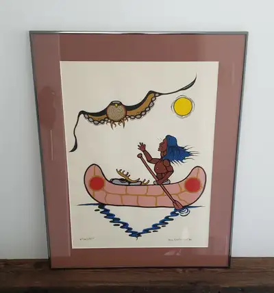 "Man In Canoe" by Canadian Native artist Doug Kakekagumick (1958-2009). 18" x 24" original art piece...