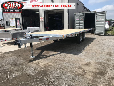 ACTION SERIES HOT DIPPED GALVANIZED 102" X 18' TANDEM AXLE FLAT BED DECK OVER W/ PULL OUT RAMPS WE O...