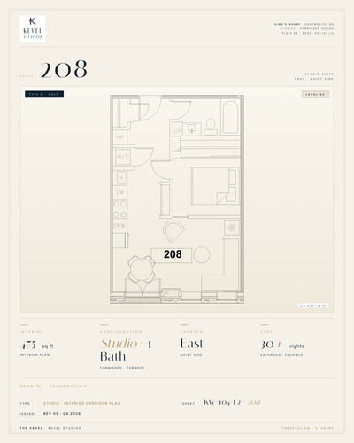 1 Bedroom Suite · 475 sq ft Kevel Studios — Suite 208 Furnished, turnkey residence at 16 Kings Wharf...