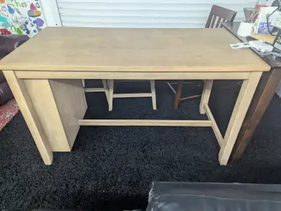 High table with bookshelf plus two stools, View more