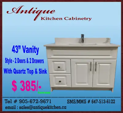 $385=43” Bathroom Vanity with Drawers,Quartz Top & Sink for SALE, View more