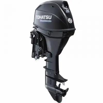 New Tohatsu MFS25DETL Remote Outboard Engine- Power Trim & Tilt Control box, cables, prop and instal...