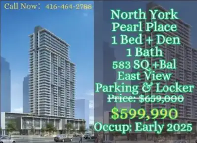 1-Bed + Den Condo at Yonge & Sheppard, Selling at Only $599K! Includes parking and locker, located o...