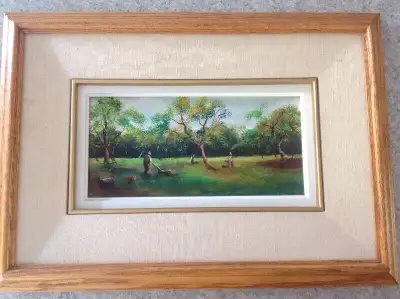 Tableau peinture R. Savage 1983, verger de pommes, homme, femme, View more
