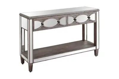 Beautiful mirrored console table with wooden veneer inserts, View more