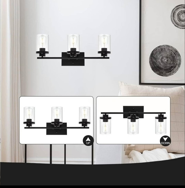 QueeuQ Farmhouse Bathroom Vanity Light Fixtures Black with Clear in Indoor Lighting & Fans in Gatineau - Image 4