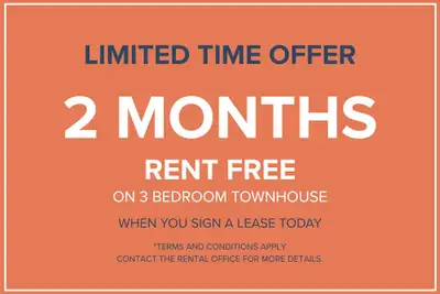 2 Months Rent Free (On 3 Bedrooms Townhouse) Visit our Website: https://www.capreit.ca/apartments-fo...
