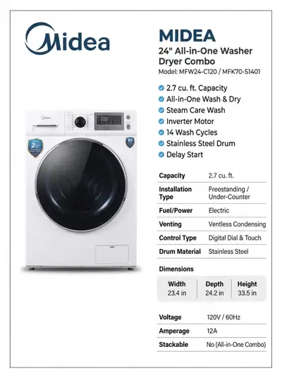 Midea 24" All-in-One Washer Dryer Combo — Ventless, Steam, 2.7 c, View more