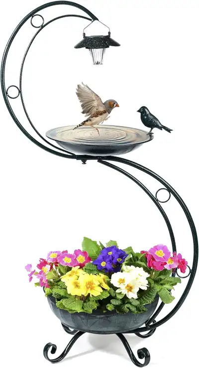 NEW OUTDOOR SOLAR LAMP & PLANTER 35.5 IN METAL GARDEN BIRD BATH S1259 SALE $49.95 Bird Baths with Fl...