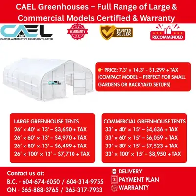 CAEL Greenhouses Full Range of Large & Commercial Models Certified & Warranty 1,299 CAEL Greenhouses...