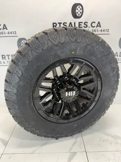 Set of four 275 70 18 Amp Pro All terrain tires on Black HD 18 inch Rims -- FITS Dodge Ram 2500 3500...