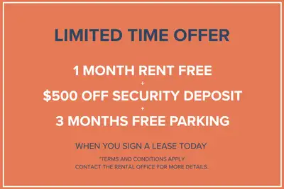1 Month Rent Free + $500 Off Security Deposit + 3 Months Free Parking Move in this month and you may...