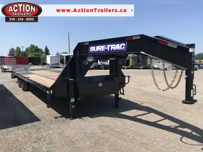 8.5' x 25' + 5' SURE TRAC HEAVY DUTY GOOSENECK DECKOVER EQUIPMENT TRAILER 22.5K TANDEM DUAL WITH FUL...