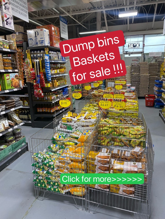 Dump bins, wirebasket shelving, grocery baskets, produce bins