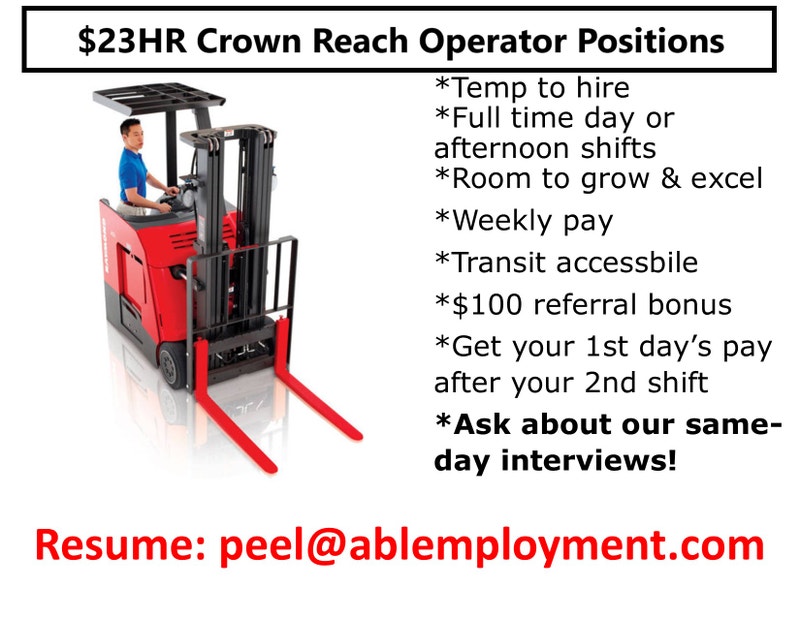 CROWN REACH FORKLIFT POSITIONS MISSISSAUGA 23HR! General Labour
