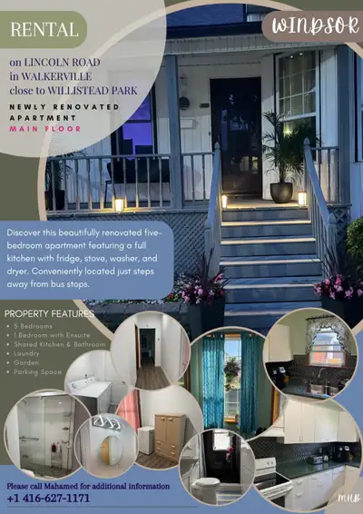 5 Bedrooms 1 Bedroom with Ensuite 2 Washrooms Shared Kitchen & Bathroom - 2 washrooms Laundry Garden...