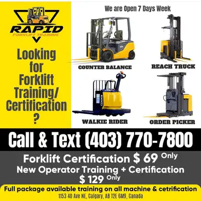 Rapid Forklift Training Offering Training Certification for new opeartor for $129only. We Offer Trai...