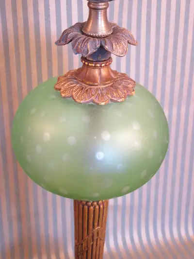 Antique French Art Nouveau Brass Parlour Lamp, Green Glass Font, View more