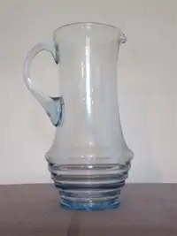 VINTAGE HAND BLOWN ART GLASS WATER JUG WITH RIBBED SEA-BLUE BASE