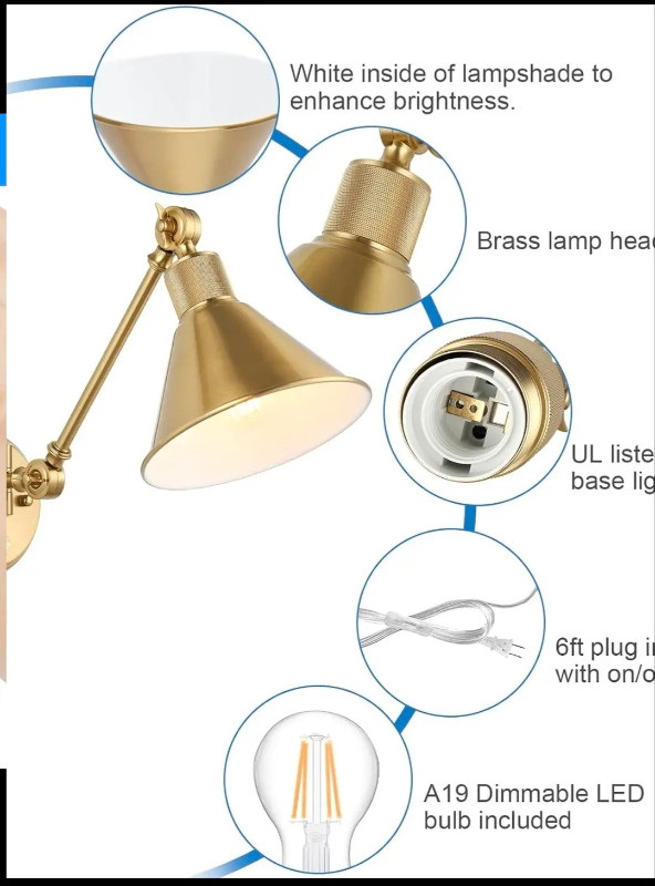 TRLIFE Plug in Wall Sonce, Dimmable Wall Sconce Brushed Brass Sw in Indoor Lighting & Fans in Gatineau - Image 3