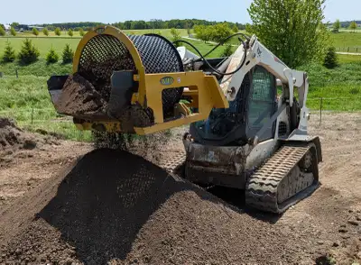 Top Soil Screening Buckets Skidsteer Mount Flow Required: Low Flow 18-24 GPM Drum Capacity: 1/2 Yard...