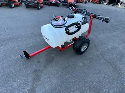 The Fimco 65-gallon lawn and garden trailer sprayer with 7-nozzle boom provides mid-level capacity a...